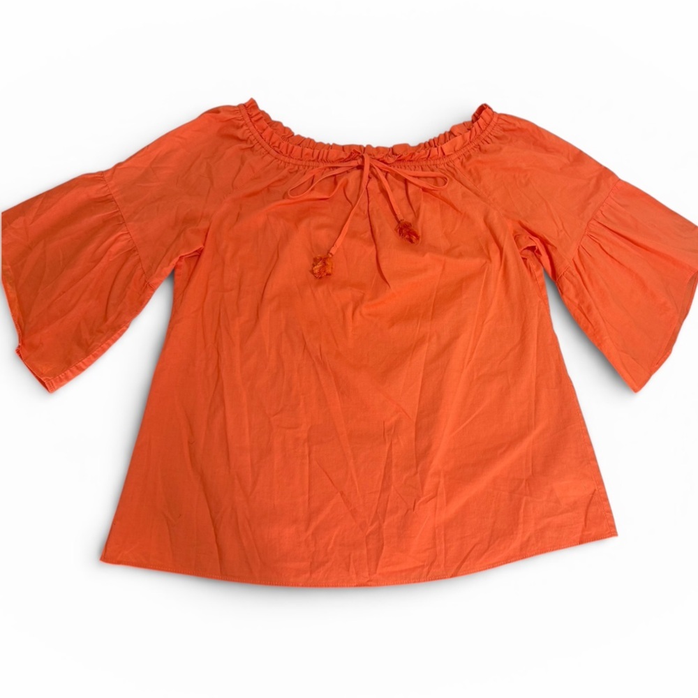 Hale Bob Orange Off Shoulder Bell Sleeve Top Drawstring Tassels 100% Cotton